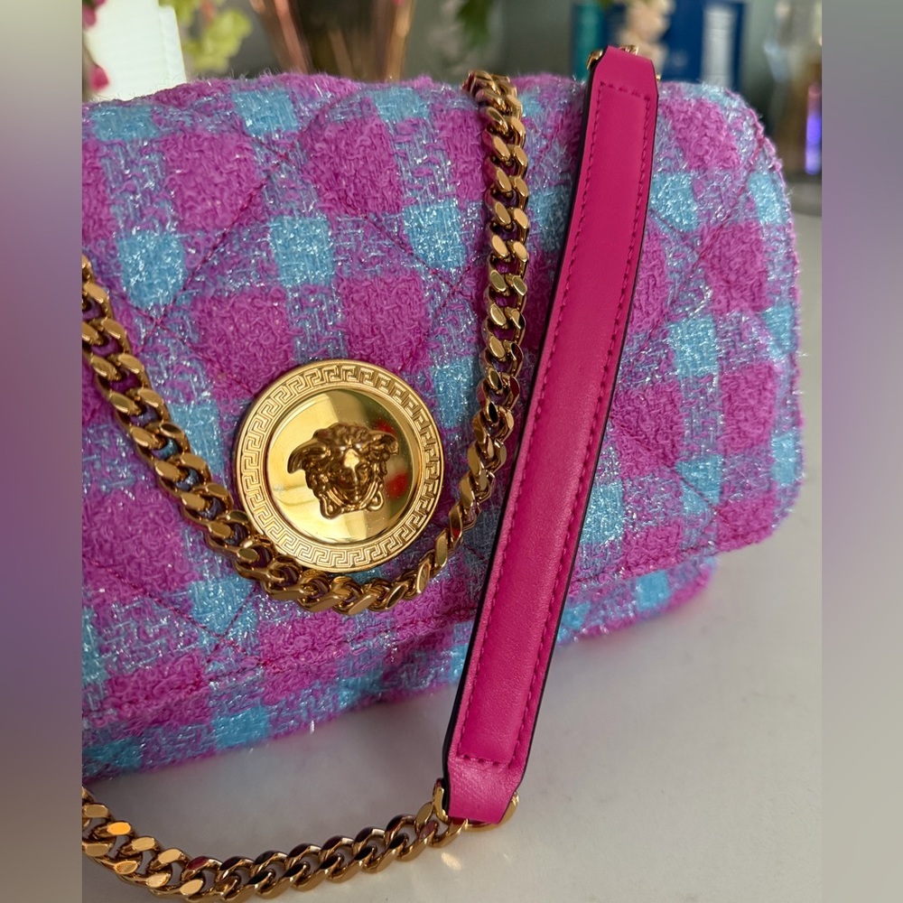 Versace La Medusa Gold Logo Medallion Boucle Tweed Quilted Flap Shoulder Bag NWT - Picture 13 of 16